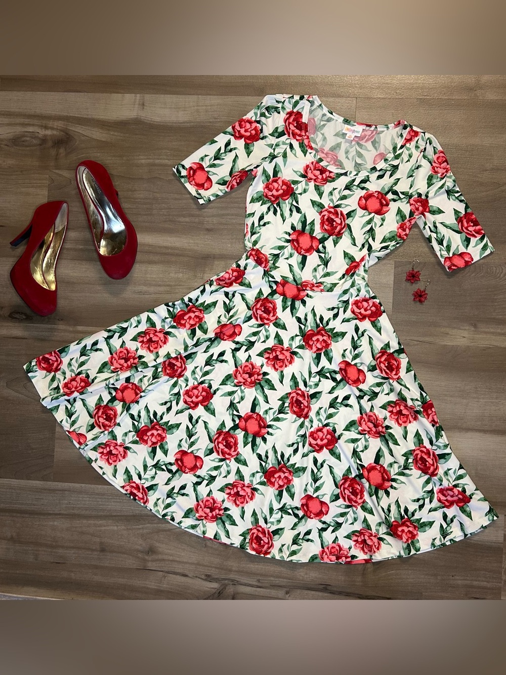 LuLaRoe Nicole White Midi Dress with Red Floral Print